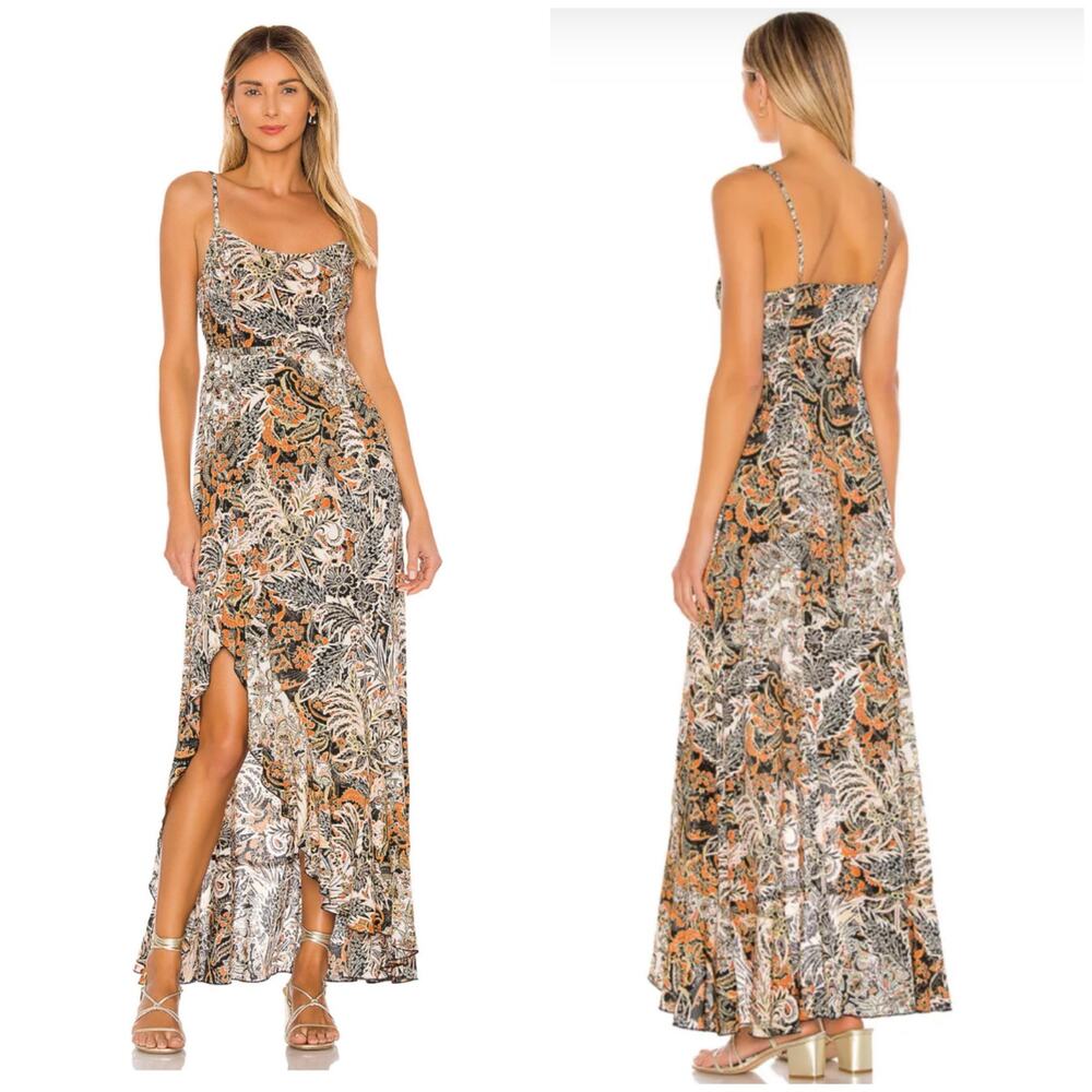 Free People Forever Yours Smocked Slip Maxi Dress Small Brown Black Floral Boho